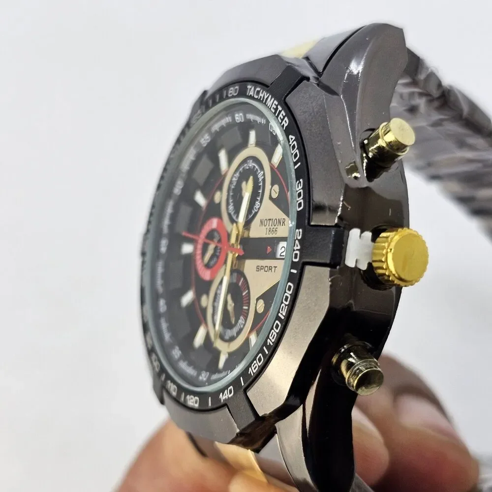 46MM Men's Watch Black Case Black Dial Date‎ Indicator Black Gold Bracelet 8